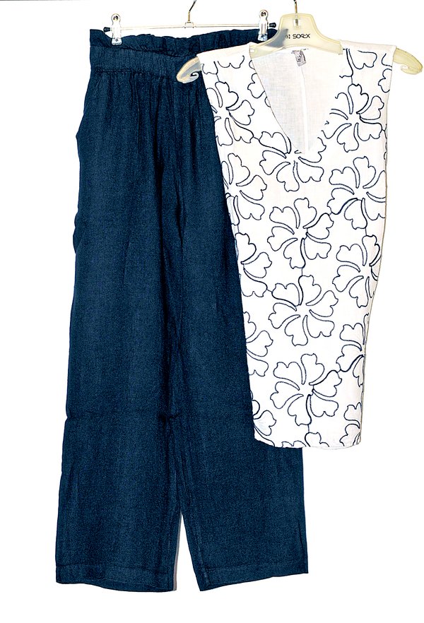 modische  Damen Leinen-Hose ,modischer Gummizug, mit seitlichen Taschen navy .