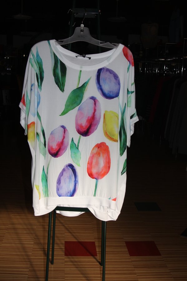 Damen  Komfort RH-Shirt 1/2 multicolor, weiß mit Blumen- Druck